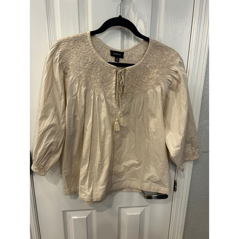 Evereve Peasant Blouse Cream Smocked Lattice‎ Tassel Tie Boho Top